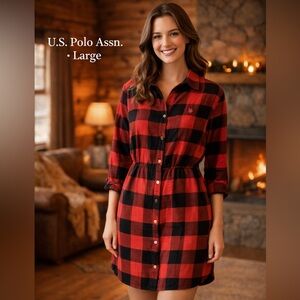 U.S. Polo Assn Buffalo Plaid Shirt Dress Tunic Organic Cotton Large